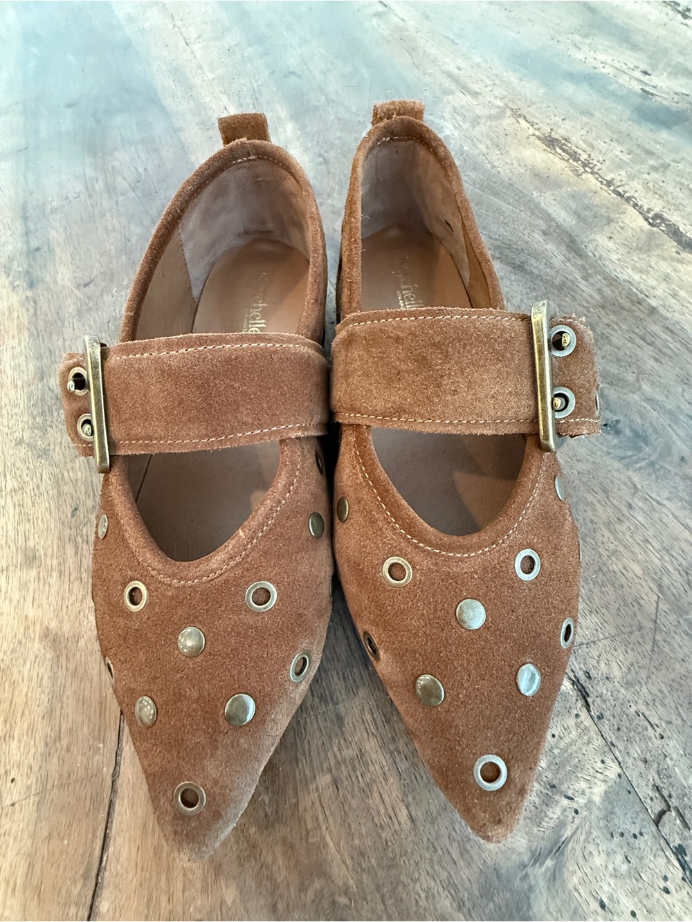 Seychelles Brown Suede Pointed Mary Jane Flats with Studs